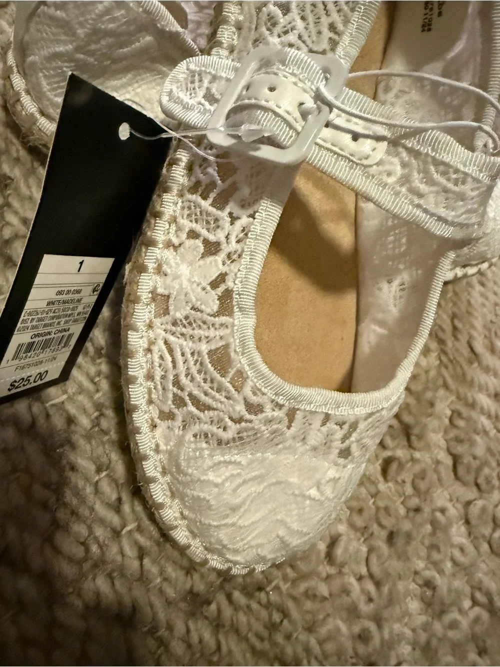 art class creamy White Lace Mary Jane Espadrille Flats for Kids 1Y straw trim nw